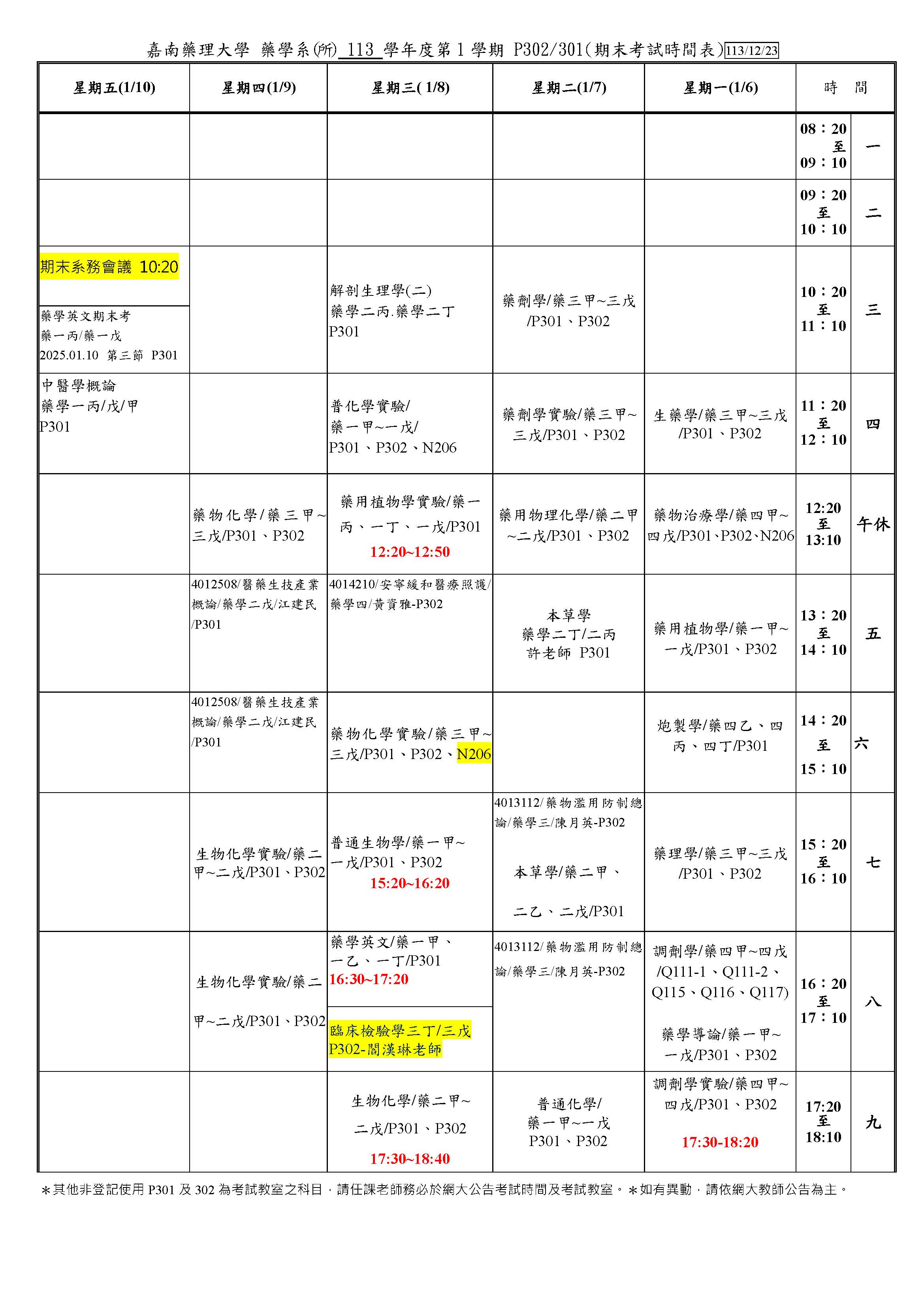 嘉南藥理大學藥理學院 藥學系（所） 113-1期末考考登記表113-12-24修