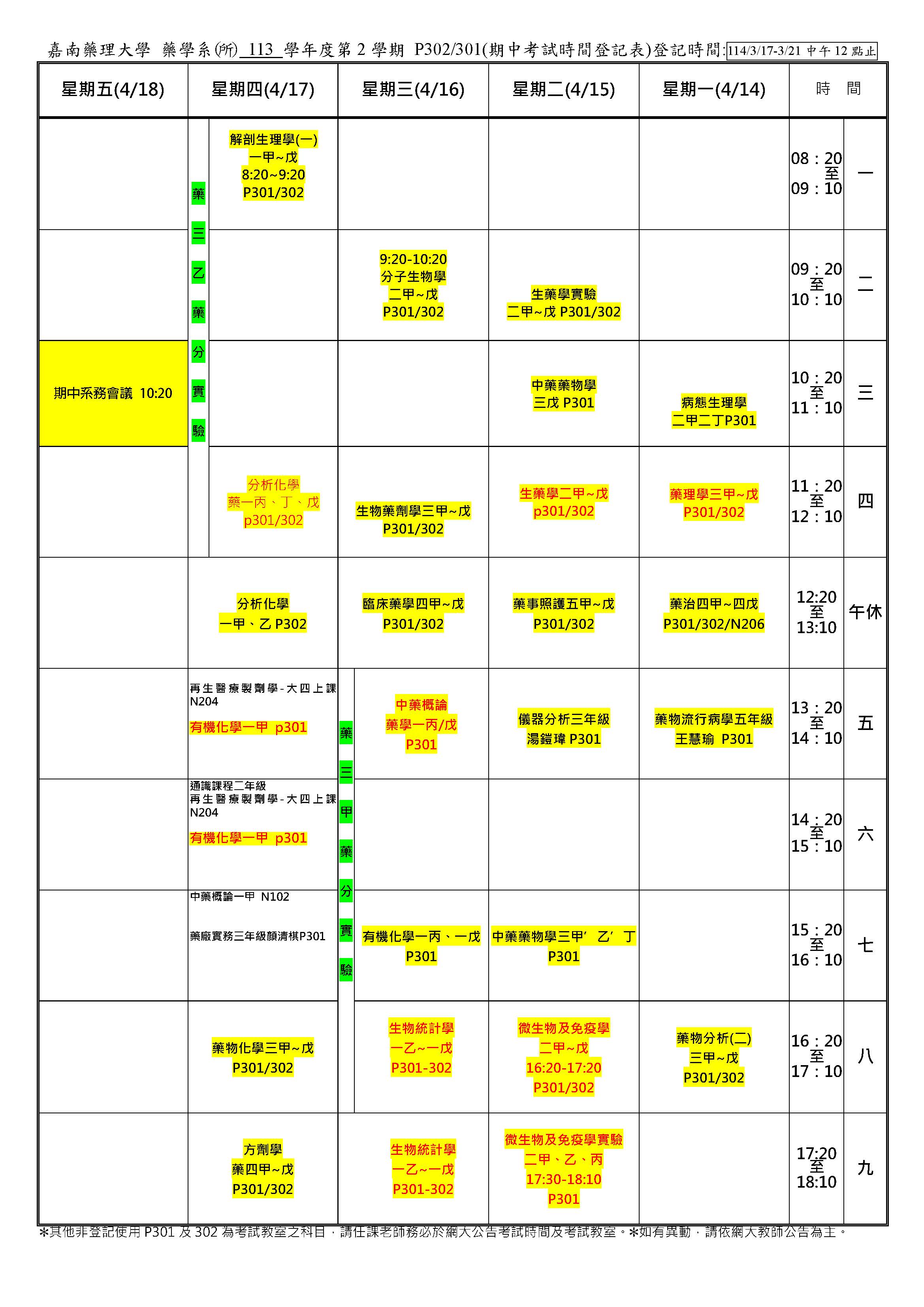 嘉南藥理大學藥理學院 藥學系（所） 113-2期中考考登記表114.4.9修改